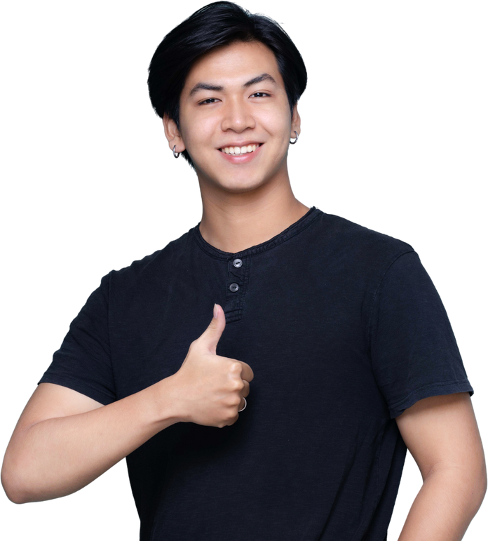 Asian smart young man thumb up isolated.